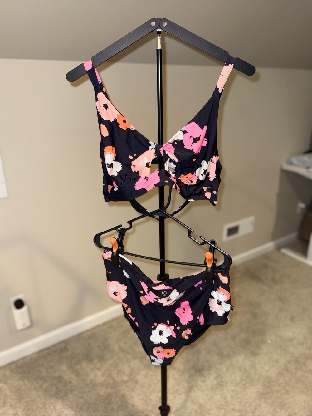 CCX Izzy Matching Bikini Set in Black with Pink, Coral, and White Floral Print